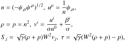 \begin{eqnarray} && n = ( - \psi_{,\mu}\psi^{,\mu} )^{1/2},\;u^\mu = \frac{1}{n}\psi_{,\mu} , \nonumber \\ && \rho = p = n^2,\;v^i = \frac{u^i}{\alpha u^0} + \frac{\beta^i}{\alpha} , \\ && S_j = \sqrt{\gamma}(\rho + p)W^2v_j,\;\tau = \sqrt{\gamma}( W^2(\rho+p) - p) , \nonumber \end{eqnarray}