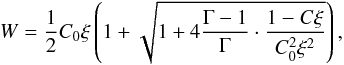 \begin{equation} W = \frac{1}{2}C_0\xi\left(1 + \sqrt{1 + 4\frac{\Gamma-1}{\Gamma}\cdot\frac{1-C\xi}{C_0^2\xi^2}}\right), \label{eqn:find_W_rewrite} \end{equation}