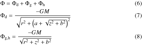 \begin{eqnarray} &&\Phi = \Phi_{\rm d} + \Phi_{\rm g} +\Phi_{\rm h} \\ &&\Phi_{\rm{d}} = \frac{-GM}{\sqrt{r^2 + \left(a + \sqrt{z^2 + b^2}\right)^2}} \\ &&\Phi_{\rm{g,h}} = \frac{-GM}{\sqrt{r^2 + z^2 + b^2}} \end{eqnarray}