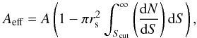 \appendix \setcounter{section}{1} \begin{equation} \label{eq:RPS1} A_\text{eff} = A\left(1-\pi r_\text{s}^2 \int_{S_\text{cut}}^{\infty} \left(\frac{{\rm{d}}N}{{\rm{d}}S}\right){\rm{d}}S\right), \end{equation}
