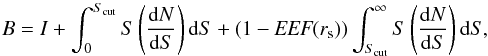 \appendix \setcounter{section}{1} \begin{equation} \label{eq:RPS2} B = I + \int_{0}^{S_\text{cut}} S \left(\frac{{\rm{d}}N}{{\rm{d}}S}\right) {\rm{d}}S + (1-{\textit{EEF}}(r_\text{s})) \int_{S_\text{cut}}^{\infty} S \left(\frac{{\rm{d}}N}{{\rm{d}}S}\right){\rm{d}}S, \end{equation}
