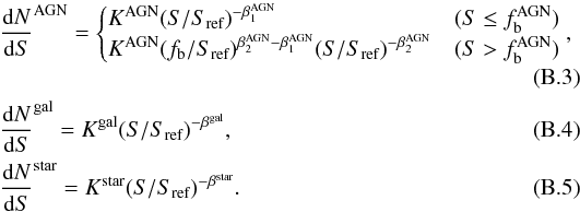 \appendix \setcounter{section}{2} \begin{eqnarray} \label{eq:UPS2} &&\frac{{\rm{d}}N}{{\rm{d}}S}^\text{AGN} = \begin{cases} K^\text{AGN}(S/S_\text{ref})^{-\beta_1^\text{AGN}} & (S\le f_{\rm b}^\text{AGN}) \\ K^\text{AGN}(f_{\rm b}/S_\text{ref})^{\beta_2^\text{AGN}-\beta_1^\text{AGN}}(S/S_\text{ref})^{-\beta_2^\text{AGN}} & (S> f_{\rm b}^\text{AGN}) \end{cases} ,\\ \label{eq:UPS3} &&\frac{{\rm{d}}N}{{\rm{d}}S}^\text{gal} = K^\text{gal}(S/S_\text{ref})^{-\beta^\text{gal}} ,\\ \label{eq:UPS4} &&\frac{{\rm{d}}N}{{\rm{d}}S}^\text{star} = K^\text{star}(S/S_\text{ref})^{-\beta^\text{star}}. \end{eqnarray}