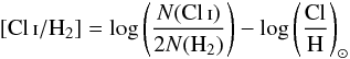 \begin{eqnarray} {\rm [\mbox{\ClI}/H_2]} = \log\left( \frac{N({\mbox{\ClI})}}{2N({\rm H}_2)} \right) - \log\left(\frac{{\rm Cl}}{{\rm H}}\right)_{\odot} \label{ClH2} \end{eqnarray}