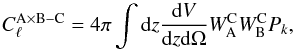 \begin{equation} C_{\ell}^{\rm A\times B-C} = 4 \pi \int {\rm d}z \frac{{\rm d}V}{{\rm d}z{\rm d}\Omega} W^{\rm C}_{\rm A} W^{\rm C}_{\rm B} P_k, \end{equation}