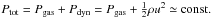 \hbox{$P_{\rm tot} = P_{\rm gas} + P_{\rm dyn} = P_{\rm gas} + \tfrac{1}{2} \rho u^2 \simeq \text{const.}$}