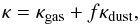 \begin{equation} \label{kappa} \kappa = \kappa_{\text{gas}} + f \kappa_{\text{dust}} , \end{equation}