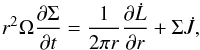 \begin{equation} r^2\Omega {\partial \Sigma \over \partial t} ={1\over 2\pi r} {\partial \dot L \over \partial r} + \Sigma \dot J, \label{e2} \end{equation}