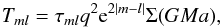 \begin{equation} T_{ml}=\tau_{ml}q^{2}{\rm e}^{2|m-l|}\Sigma (GMa), \label{d1} \end{equation}