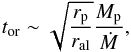 \begin{equation} t_{\rm or}\sim \sqrt{{r_{\rm p}\over r_{\rm al}}}{M_{\rm p}\over \dot M}, \end{equation}