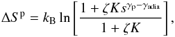 \begin{eqnarray} \Delta S^{\rm p} = k_{\rm B}\ln \left[\frac{1+\zeta Ks^{\gamma _{\rm p}-\gamma _{\rm adia}}}{1+\zeta K}\right], \label{eq-deltas-wu} \end{eqnarray}