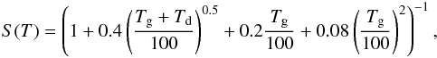 \begin{eqnarray} S(T) = \left( 1 + 0.4\left( \frac{T_{\rm g} + T_{\rm d}}{100} \right)^{0.5} + 0.2\frac{T_{\rm g}}{100} + 0.08\left( \frac{T_{\rm g}}{100} \right)^2 \right)^{-1}, \label{eq:sticking} \end{eqnarray}