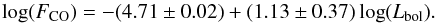 \begin{equation} {\rm log}(F_{\rm CO}) = -(4.71\pm0.02)+(1.13\pm0.37)\,{\rm log}(L_{\rm bol}). \end{equation}