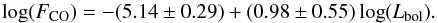\begin{equation} {\rm log}(F_{\rm CO}) = -(5.14\pm0.29)+(0.98\pm0.55)\,{\rm log}(L_{\rm bol}) . \end{equation}