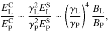 \begin{equation} \label{eq_epeakrat} \frac{E_{\rm L}^{\rm C}}{E_{\rm P}^{\rm C}} \sim \frac{\gamma_{\rm L}^2 E_{\rm L}^{\rm S}}{\gamma_{\rm P}^2 E_{\rm P}^{\rm S}} \sim \left( \frac{\gamma_{\rm L}}{\gamma_{\rm P}} \right)^4 \frac{B_{\rm L}}{B_{\rm P}}, \end{equation}