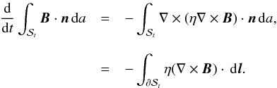 \appendix \setcounter{section}{1} \begin{eqnarray*} \frac{{\rm d}}{{\rm d}t}\int_{\mathcal{S}_t}{\vec B}\cdot{\vec n}\, {\rm d}a &=& -\int_{\mathcal{S}_t}\nabla\times(\eta\nabla\times{\vec B})\cdot{\vec n}\,{\rm d}a, \\[2.5mm] &=& -\int_{\partial{\mathcal{S}_t}}\eta(\nabla\times{\vec B})\cdot\,{\rm d}{\vec l}. \end{eqnarray*}