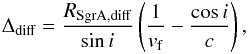 \begin{eqnarray} \Delta_{\textrm{diff}} = \frac{R_{\textrm{SgrA,diff}}}{\sin{i}} \left( \frac{1}{v_{\rm f}} - \frac{\cos{i}}{c}\right), \label{lagfreq} \end{eqnarray}