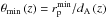\hbox{$\theta_{\rm min}\,(z) = r_{\rm p}^{\rm min}/d_{\rm A}\,(z)$}
