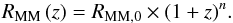 \begin{equation} R_{\rm MM}\,(z) = R_{\rm MM,0}\times(1+z)^{n}. \end{equation}