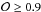 \hbox{$\mathcal{O} \geq 0.9$}