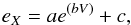 \begin{equation} e_X = a e^{(b V)} + c , \end{equation}
