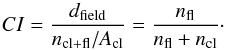 \begin{equation} CI = \frac{d_{\rm field}}{n_{\rm cl+fl}/A_{\rm cl}} = \frac{n_{\rm fl}}{n_{\rm fl} + n_{\rm cl}} \label{eq:cont-index}\cdot \end{equation}