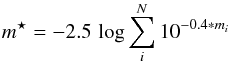 \begin{equation} \label{eq:int-col} m^{\star} = -2.5 \, \log \sum_{i}^N 10^{-0.4*m_i} \end{equation}