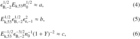 \begin{eqnarray} \label{eq:4} &&\epsilon_{\rm B,-2}^{1/2}E_{\rm k,53}n_0^{1/2}\approx a, \\[2.5mm] \label{eq:5} &&E_{\rm k,53}^{1/2}\epsilon_{\rm B,-2}^{1/2}\epsilon_{\rm e,-1}^2 \approx b, \\[2.5mm] \label{eq:6} &&E_{\rm k,53}^{-1/2}\epsilon_{\rm B,-2}^{-3/2}n_0^{-1}{(1+Y)^{-2}}\approx c, \end{eqnarray}