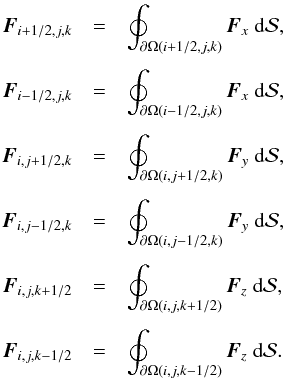 \begin{eqnarray} \label{eq:num_fluxes} {\vec F}_{i+1/2,j,k} &=& \oint_{\partial\Omega(i+1/2,j,k)} {\vec F}_x\ {\rm d}\mathcal{S}, \nonumber\\[1.2mm] {\vec F}_{i-1/2,j,k} &=& \oint_{\partial\Omega(i-1/2,j,k)} {\vec F}_x\ {\rm d}\mathcal{S},\nonumber \\[1.2mm] {\vec F}_{i,j+1/2,k} &=& \oint_{\partial\Omega(i,j+1/2,k)} {\vec F}_y\ {\rm d}\mathcal{S}, \nonumber\\[1.2mm] {\vec F}_{i,j-1/2,k} &=& \oint_{\partial\Omega(i,j-1/2,k)} {\vec F}_y\ {\rm d}\mathcal{S}, \nonumber\\[1.2mm] {\vec F}_{i,j,k+1/2} &=& \oint_{\partial\Omega(i,j,k+1/2)} {\vec F}_z\ {\rm d}\mathcal{S}, \nonumber\\[1.2mm] {\vec F}_{i,j,k-1/2} &=& \oint_{\partial\Omega(i,j,k-1/2)} {\vec F}_z\ {\rm d}\mathcal{S}. \end{eqnarray}
