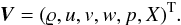 \begin{eqnarray} \label{eq:def-V} {\vec V} = (\rho, u, v, w, p, X)^{\rm T}. \end{eqnarray}