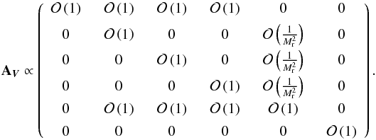 \begin{eqnarray} \label{eq:scaling-fluxjac} \textbf{A}_{\vec V} \propto \left( \begin{array}{cccccc} \ord{1} \;&\; \ord{1} \;&\; \ord{1} \;&\; \ord{1} \;&\; 0 \;&\; 0 \\[1ex] 0 \;&\; \ord{1} \;&\; 0 \;&\; 0 \;&\; \ord{\frac{1}{\ndref{M}^2}} \;&\; 0 \\[1ex] 0 \;&\; 0 \;&\; \ord{1} \;&\; 0 \;&\; \ord{\frac{1}{\ndref{M}^2}} \;&\; 0 \\[1ex] 0 \;&\; 0 \;&\; 0 \;&\; \ord{1} \;&\; \ord{\frac{1}{\ndref{M}^2}} \;&\; 0 \\[1ex] \end{array} \right). \end{eqnarray}