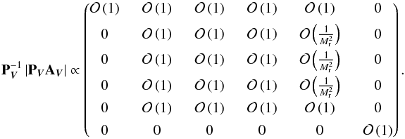 \begin{eqnarray*} \textbf{P}^{-1}_{{\vec V}} \left| \textbf{P}_{{\vec V}} \textbf{A}_{{\vec V}} \right| \propto \begin{pmatrix} \ord{1} \;&\; \ord{1} \;&\; \ord{1} \;&\; \ord{1} \;&\; \ord{1} \;&\; 0 \\[1ex] 0 \;&\; \ord{1} \;&\; \ord{1} \;&\; \ord{1} \;&\; \ord{\frac{1}{\ndref{M}^2}} \;&\; 0 \\[1ex] 0 \;&\; \ord{1} \;&\; \ord{1} \;&\; \ord{1} \;&\; \ord{\frac{1}{\ndref{M}^2}} \;&\; 0 \\[1ex] 0 \;&\; \ord{1} \;&\; \ord{1} \;&\; \ord{1} \;&\; \ord{\frac{1}{\ndref{M}^2}} \;&\; 0 \\[1ex] \end{pmatrix}. \end{eqnarray*}