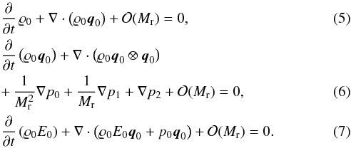 \begin{eqnarray} \label{eq:cont} && \frac{\partial}{\partial {t}} \, {\rho}_0 + \fdivp{ {\rho}_0 {{\vec q}}_0 } + \mathcal{O}(\ndref{M}) = 0,\\ && \frac{\partial}{\partial {t}} \left({\rho}_0 {\vec q}_0\right) + \fdivp{{\rho}_0 {{\vec q}}_0 \otimes {{\vec q}}_0 } \nonumber\\ \label{eq:mom}&& + \,\frac{1}{\ndref{M}^2} \fvec{\nabla}{p}_0 + \frac{1}{\ndref{M}} \fvec{\nabla}{p}_1 + \fvec{\nabla}{p}_2 + \mathcal{O}(\ndref{M}) = 0, \\ \label{eq:en} &&\frac{\partial}{\partial {t}} \left({\rho}_0 {E}_0 \right) + \fdivp{ {\rho}_0 {E}_0 {{\vec q}}_0 + {p}_0 {\vec q}_0} + \mathcal{O}(\ndref{M}) = 0. \end{eqnarray}