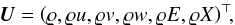\begin{eqnarray} \label{eq:def-U} {\vec U} = \left( \rho, \rho u, \rho v, \rho w, \rho E, \rho X \right)^\top\!\!, \end{eqnarray}