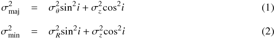 \begin{eqnarray} \label{eq_sigmamaj} \sigma^2_{\rm maj}&=&\sigma^2_{\rm \theta} {\rm sin}^2 i +\sigma^2_{z} {\rm cos}^2 i \\[2mm] \label{eq_sigmamin} \sigma^2_{\rm min}&=&\sigma^2_{R} {\rm sin}^2 i +\sigma^2_{z} {\rm cos}^2 i \end{eqnarray}