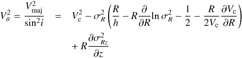 \begin{eqnarray} \label{eq_asymm} V^2_{\theta} = \frac{V^2_{\rm maj}}{{\rm sin^2}i} &=& V^2_{\rm c} - \sigma^2_{R} \left( \frac{R}{h} - R \frac{\partial}{\partial R} {\rm ln} \,\sigma^2_{R} - \frac{1}{2} - \frac{R}{2 V_{\rm c}} \frac{\partial V_{\rm c}}{\partial R} \right) \nonumber \\ && +~R\frac{\partial \sigma^2_{Rz}}{\partial z} \end{eqnarray}
