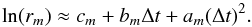 \begin{equation} \label{appoximation} \ln(r_{m}) \approx c_{m}+b_{m} \Delta t+a_{m}(\Delta t)^{2}. \end{equation}