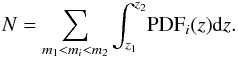 \begin{eqnarray} \label{bnumcounts} N=\sum_{m_1 < m_i < m_2} \int_{z_{1}}^{z_{2}} \! {\rm PDF}_i(z) {\rm d}z. \end{eqnarray}