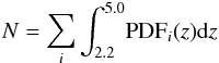 \begin{eqnarray} N=\sum_i \int_{2.2}^{5.0} \! {\rm PDF}_i(z) {\rm d}z \end{eqnarray}