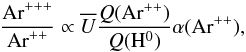 \begin{equation} \label{ioni} \frac{{\rm Ar}^{+++}}{{\rm Ar}^{++}} \propto \overline{U} \frac{Q({\rm{Ar^{++}}})} {Q({\rm{H^{0}}})} \alpha({\rm Ar}^{++}), \end{equation}