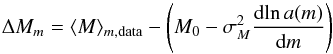 \begin{equation} \Delta M_m= \langle M \rangle_{m, \mathrm{data}} - \left(M_0 - \sigma_M^2 \frac{\mathrm{d} \!\ln {a(m)}}{\mathrm{d}m}\right) \end{equation}