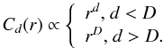 $$ C_d(r) \propto \left\{ \begin{array}{l l} r^d \text{, $d<D$}\\ r^D \text{, $d>D$}. \end{array} \right. $$
