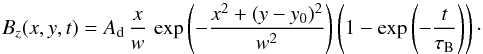 \begin{equation} \label{eq:Btwist} B_{z}(x,y,t) = A_{\rm d}\, \frac{x}{w}\, \exp\left(- \frac{x^{2} + (y-y_{\rm 0})^{2}}{w ^{2}} \right) \left(1 - \exp\left(-\frac{t}{\tau_{\rm B}}\right) \right) \cdot \end{equation}