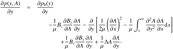 \begin{eqnarray} \frac{\partial p(y,A)}{\partial y} &=& \frac{\partial p_{\rm h}(y)}{\partial y}\, \nonumber\\ &&\quad\quad-\frac{1}{\mu}B_{z}\frac{\partial B_{z}}{\partial A}\frac{\partial A}{\partial y} -\frac{\partial}{\partial y}\left[ \frac{1}{2 \mu} \left( \frac{\partial A}{\partial x}\right) ^{2} - \frac{1}{\mu} \int^{\infty}_{x}\frac{\partial ^{2}A}{\partial y^{2}} \frac{\partial A}{\partial x} {\rm d}x \right] \nonumber\\ &&\quad\quad\quad\quad+ \frac{1}{\mu} B_{z} \frac{\partial B_{z}}{\partial A}\frac{\partial A}{\partial y}+\frac{1}{\mu} \Delta A \frac{\partial A}{\partial y}\cdot \label{eq:EqS19} \end{eqnarray}