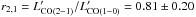 \hbox{$r_{2,1} = L'_{\rm CO(2-1)}/L'_{\rm CO(1-0)} = 0.81\pm 0.20$}