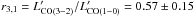 \hbox{$r_{3,1} = L'_{\rm CO(3-2)}/L'_{\rm CO(1-0)} = 0.57\pm 0.15$}