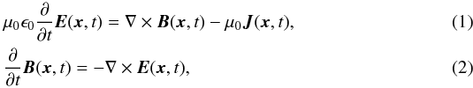 \begin{eqnarray} &&\mu_0 \epsilon_0 \frac{\partial }{\partial t} \vec{E}(\vec{x},t) = \nabla \times \vec{B}(\vec{x},t) - \mu_0 \vec{J}(\vec{x},t), \label{Ampere} \\ &&\frac{\partial}{\partial t} \vec{B}(\vec{x},t) = -\nabla \times \vec{E}(\vec{x},t) \label{Faraday}, \end{eqnarray}