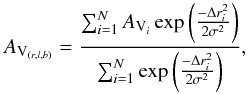 \begin{equation} \label{EqAvm}\centering A_{{\rm V}_{(r,l,b)}}=\frac{ \sum_{i=1}^{N} {A_{{\rm V}_i} \exp{\left(\frac{ -\Delta r_i ^2 }{2\sigma^2}\right)}}}{\sum_{i=1}^{N} \exp{\left(\frac{ -\Delta r_i ^2 }{2\sigma^2}\right)}} , \end{equation}
