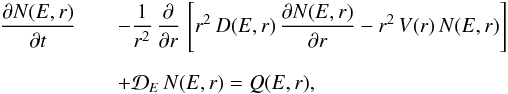 \begin{eqnarray} \frac{\partial N(E,r)}{\partial t}&&-\frac{1}{r^2}\,\frac{\partial}{\partial r}\,\left[r^2\,D(E,r)\,\frac{\partial N(E,r)}{\partial r}-r^2\,V(r)\,N(E,r)\right]\nonumber \\ \label{eq:m1} && +{\cal D}_E\,N(E,r)=Q(E,r), \end{eqnarray}