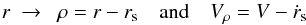 \begin{equation} r\ \rightarrow\ \ \rho=r-r_\mathrm{s}\quad \mathrm{and}\quad V_\rho =V-{\dot r_\mathrm{s}} \label{eq:m2} \end{equation}