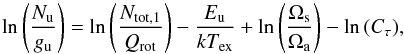 \begin{equation} \label{PD} \ln{\left( \frac{N_{\rm u}}{g_{\rm u}} \right)}=\ln{ \left( \frac{N_{\rm{tot,1}}}{Q_{\rm{rot}}} \right)}-\frac{E_{\rm u}}{k T_{\rm{ex}}}+\ln{\left(\frac{\Omega_{\rm s}}{\Omega_{\rm a}}\right)}-\ln{(C_\tau)}, \end{equation}